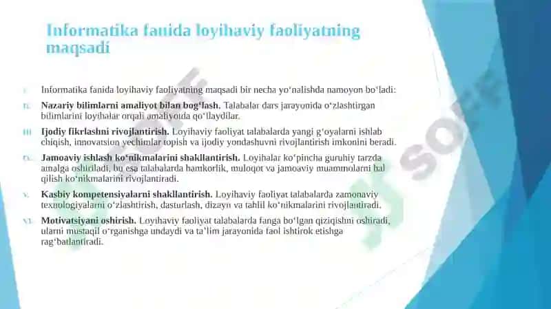 "Informatika fanidan loyihaviy faoliyatni tashkil etish metodikasi" mavzusida taqdimot 7