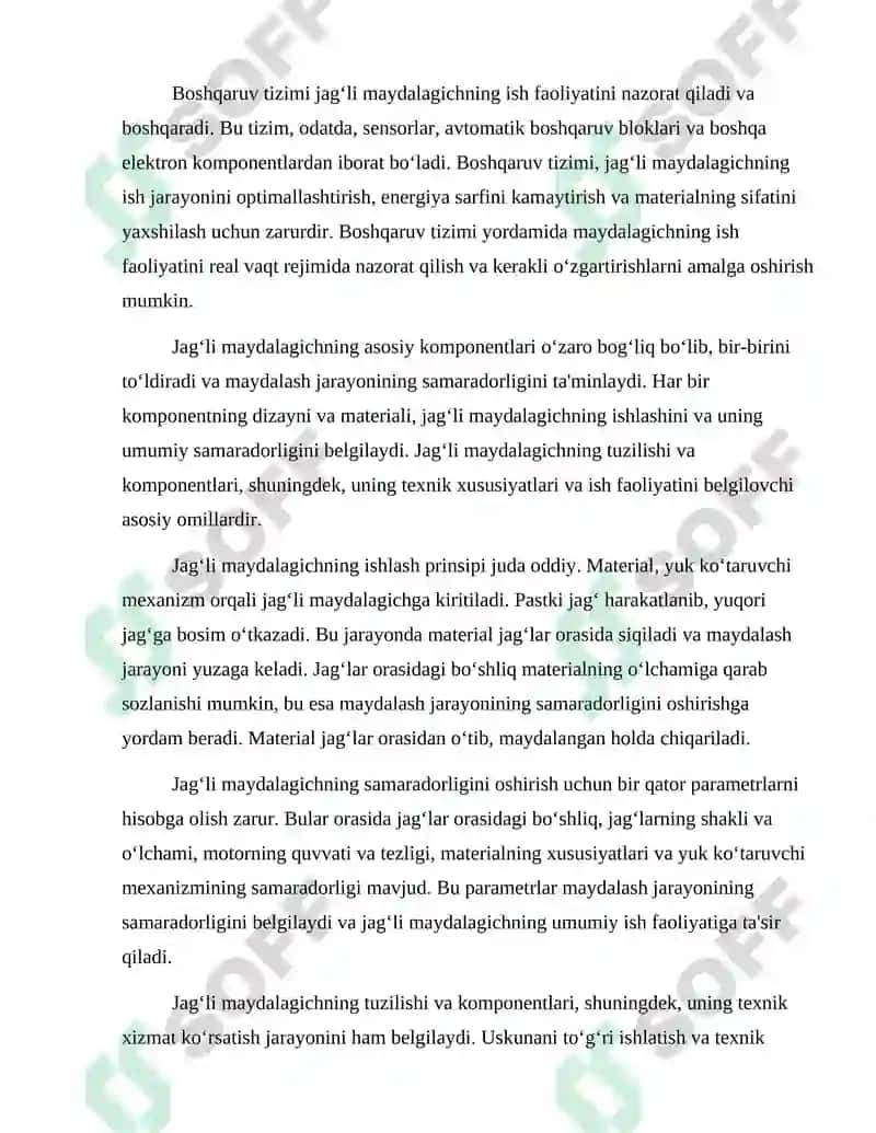 Jag‘li maydalagich ishini o‘rganish va asosiy ko‘rsatkichlarini loyixalash 7