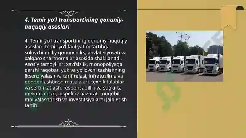 O‘zbekistonda transport xizmatining qonuniy-huquqiy asoslari 7