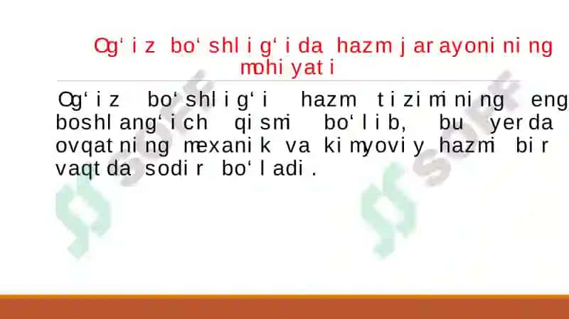 OG'IZ BO'SHLIG'IDA XAZM QILISH JARAYONINI O'RGANISH,SO'LAK XOSSALARI VA AJRALISHINI TEKSHIRISH.-SO'LAKNING AMILOLITIK AKTIVLIGINI KUZATISH MM DASTURI «AMALIYOT FIZIOLOGIYASIE -LESHLI-KRASNOGORSKIY KAPSULASINING NAMOYISHI 7