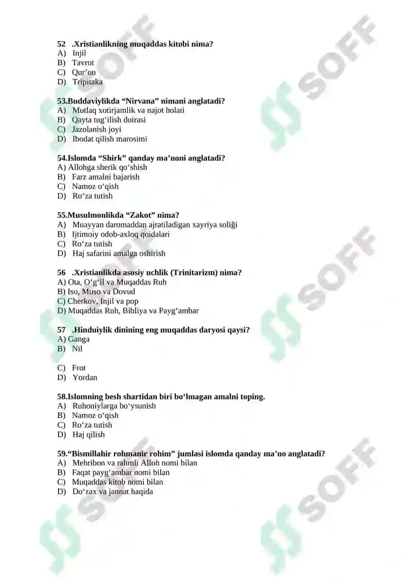 Dinshunoslik fanidan 400 ta test 7