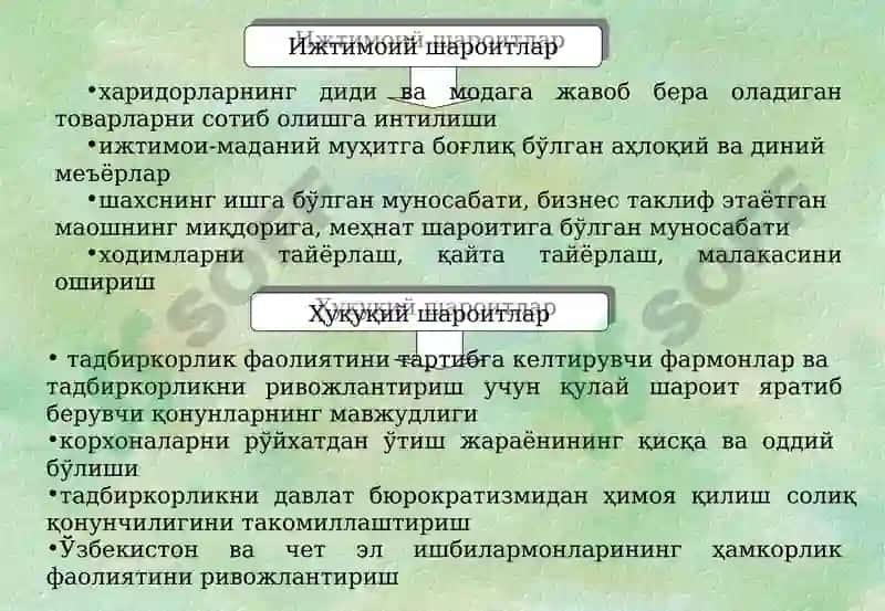 Кичик бизнес ва тадбиркорликнинг моҳияти, турлари ва шакллари 7
