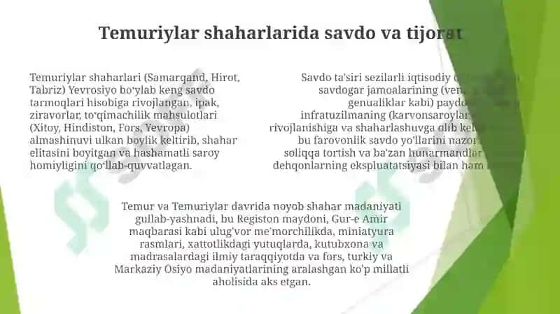 AMIR TEMUR VA TEMURIYLAR DAVRIDA SHAHAR MADANIYATINING O'ZGA XOS XUSUSIYATLARI 7