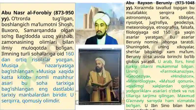 IX-Xii ASRLARDA MAMLAKATIMIZ HUDUDIDA RO`Y BERGAN MADANIY UYG`ONISH (Renesans). Buyuk allomalarimizning jahon sivilizatsiyasiga qo`shgan hissasi 7