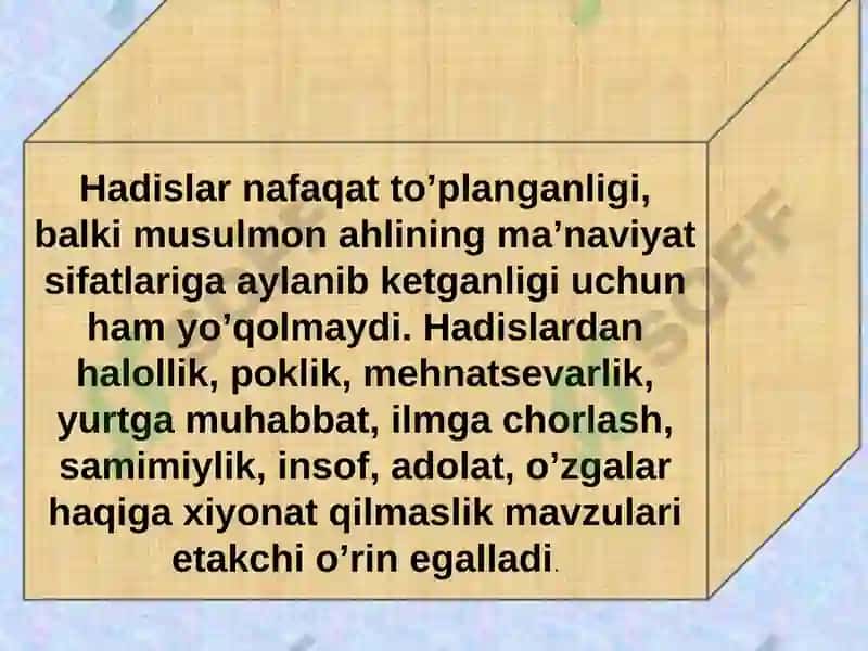 Hadisilmining paydo boʻlishi muhaddislarning imom ismoil al-buxoriy Imom ismoil At-Termiziy va boshqalar hadis ilmi rivojiga qoʻshilgan xissasi 7