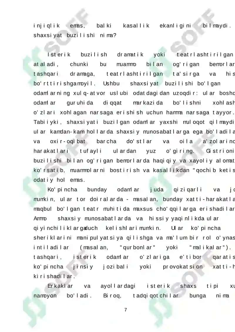 "Isterik shaxslar konsultatsiyasi. 'Motivatsiyalashmagan' patsientlar konsultatsiyasi" kurs ishi 7