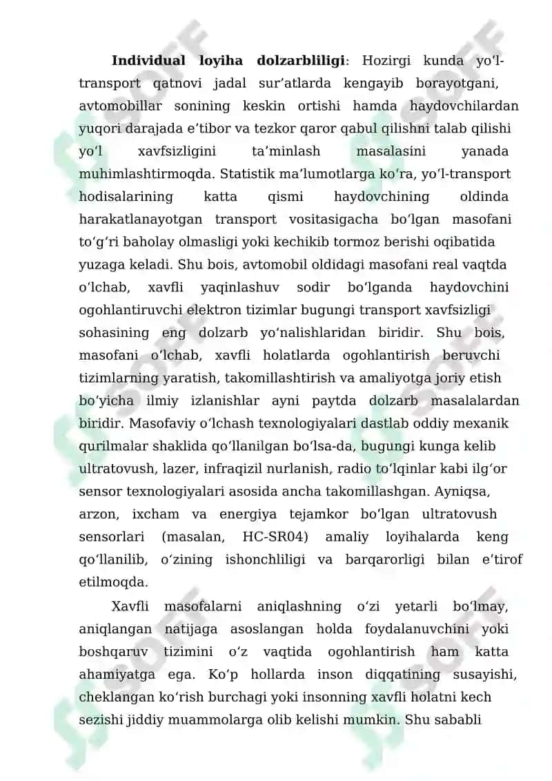 Individual loyiha Mashina oldidagi masofani o‘lchab, xavfli holatda ogohlantirish beruvchi tizim yaratish 7