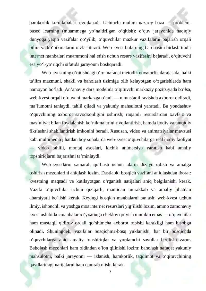 Umumiy o‘rta ta’lim maktablarining 8-sinfida Informatika va AT fanidan “Video va animatsiyalardan foydalanish. Asosiy tushunchalar” mavzusini o‘qitishda web-kvestlardan foydalanish 7
