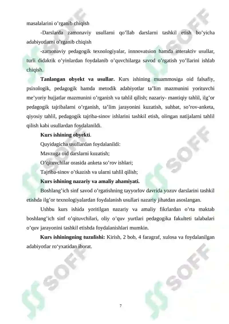 Savod oʻrgatish davri yozuv darslarida mustaqil ishlarni tashkil etish. 7