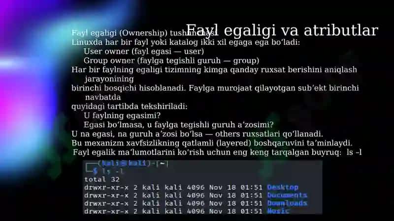 Linux OTda imtiyozlar turlari, xavfsizlik imkoniyatlari bilan tanishish. 7