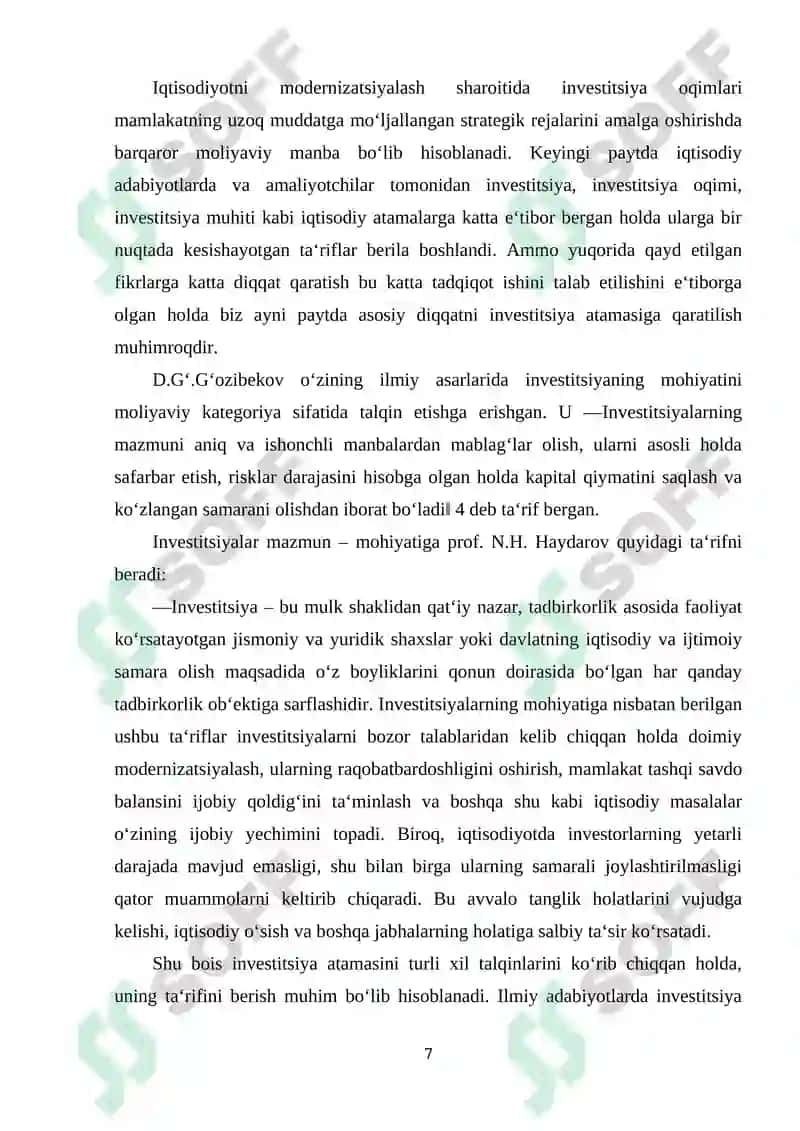 Mamlakat iqtisodiyotini rivojlantirishda investitsiyalarni o'rni va ahamiyati 7