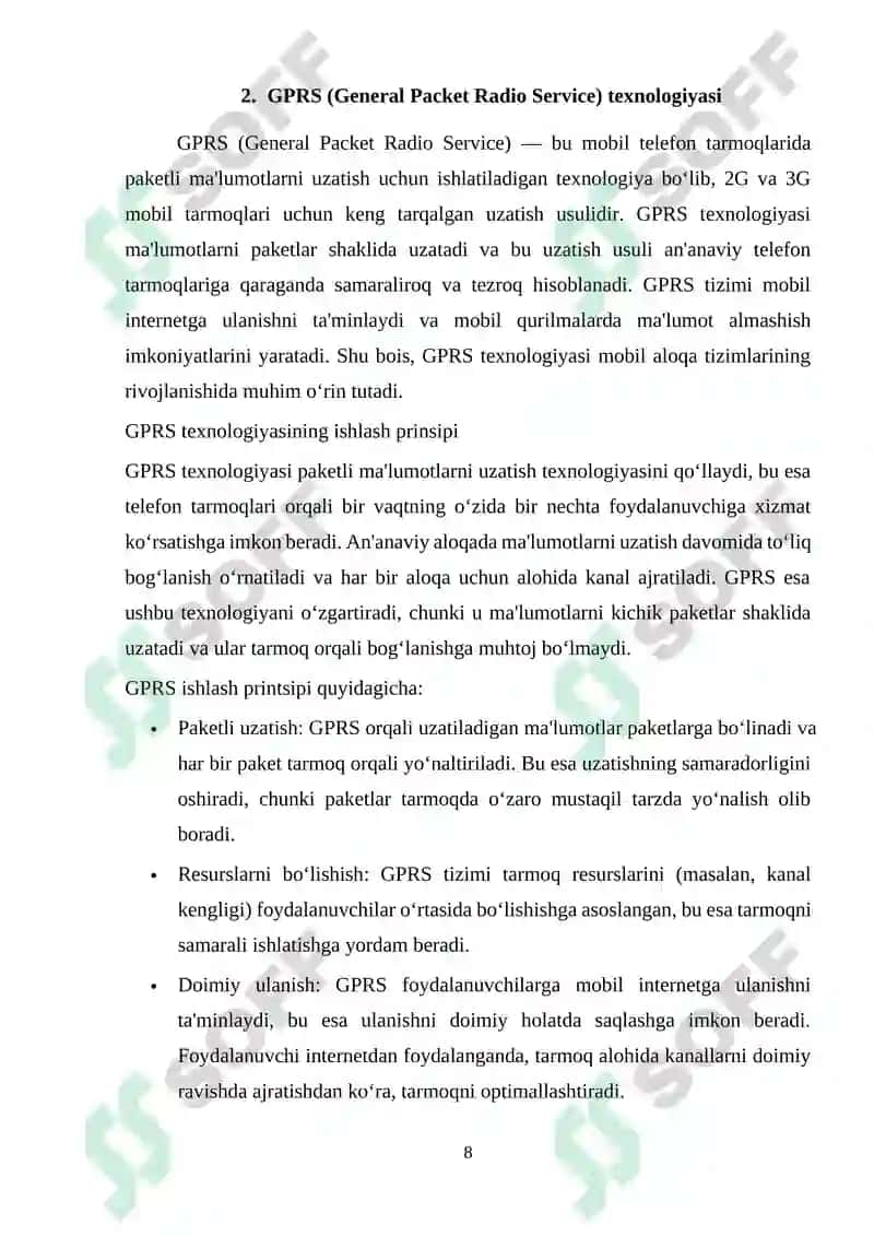 Internet ashyolarida qo‘llaniladigan simsiz texnologiyalari. GPRS, small cell standartlari. Tarmoqning strukturasi va topologiyasi. 8
