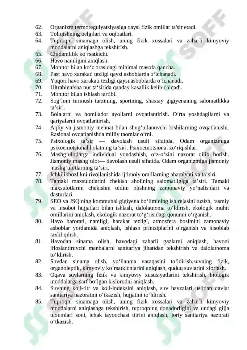 Tibbiy-profilaktika ishi (Sanitar vrach yordamchilari uchun) bo‘yicha shakllantirilgan og‘zaki savollar ro‘yxati 8