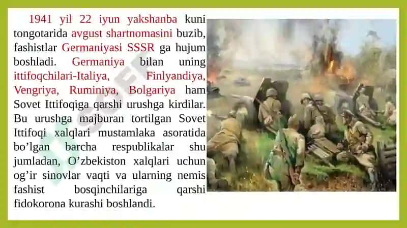 Ikkinchi jahon urushi yillarida o’zbek xalqining fashizm ustidan qozonilgan g’alabaga qo’shgan hissasi 8
