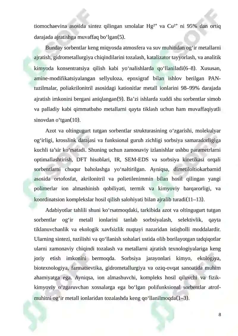 Tarkibida oltingugurt va azot bo`lgan sorbentlar sintezi va ularning qo`llanilishi 8
