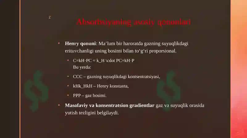 ABSORBSIYA BO'LIMINING NAZARIY ASOSLARI, TEXNOLOGIK SXEMASI VA ASOSIY APPARATLARI 8