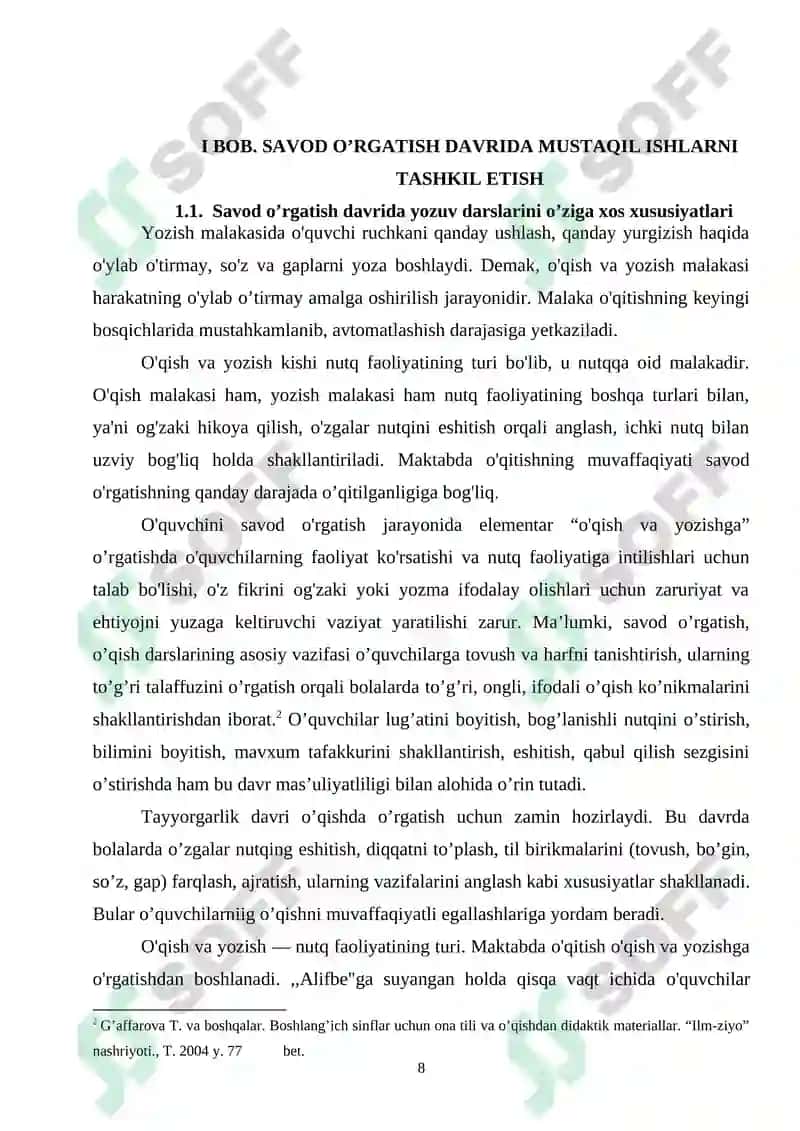 Savod oʻrgatish davri yozuv darslarida mustaqil ishlarni tashkil etish. 8