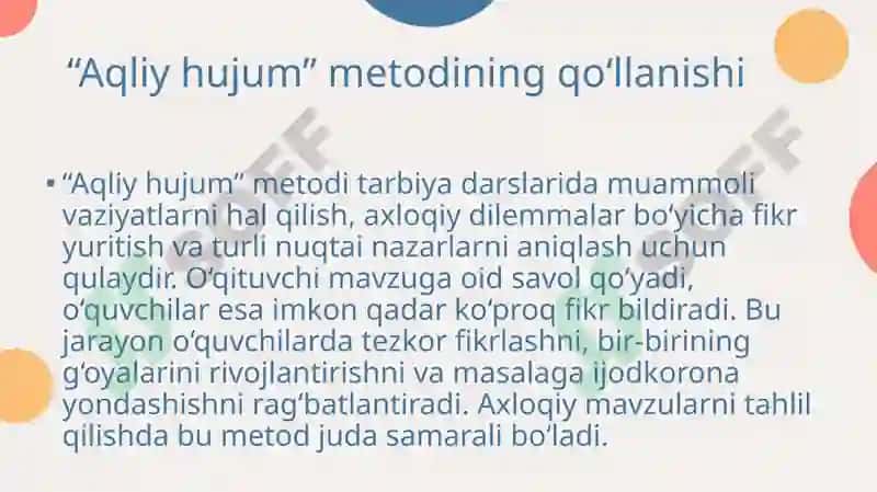 Umumta’lim maktablarida tarbiya fanini o‘qitish jarayonida interfaol metodlardan foydalanish 8