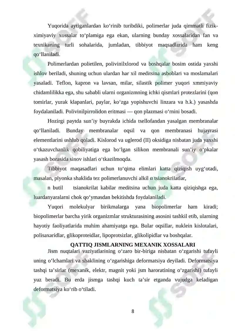 QATTIQ JISMLAR VA BIOLOGIK TO‘QIMALARNING MEXANIK XOSSALARI 8
