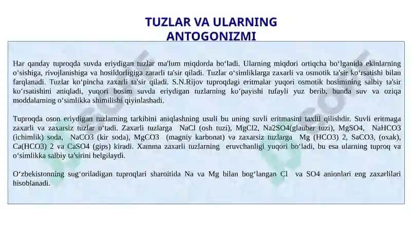 Sho‘rtob va sho‘rxok tuproqlar va ular tarkibidagi tuzlar 8