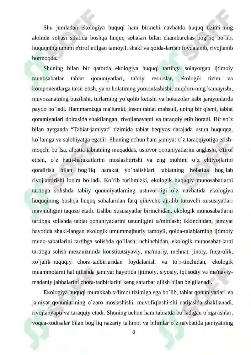O‘zbekiston Respublikasida ekologiya huquqi rivojlanishing aholi ekologik ongiga ta’siri (BITIRUV  MALAKAVIY ISHI) 8