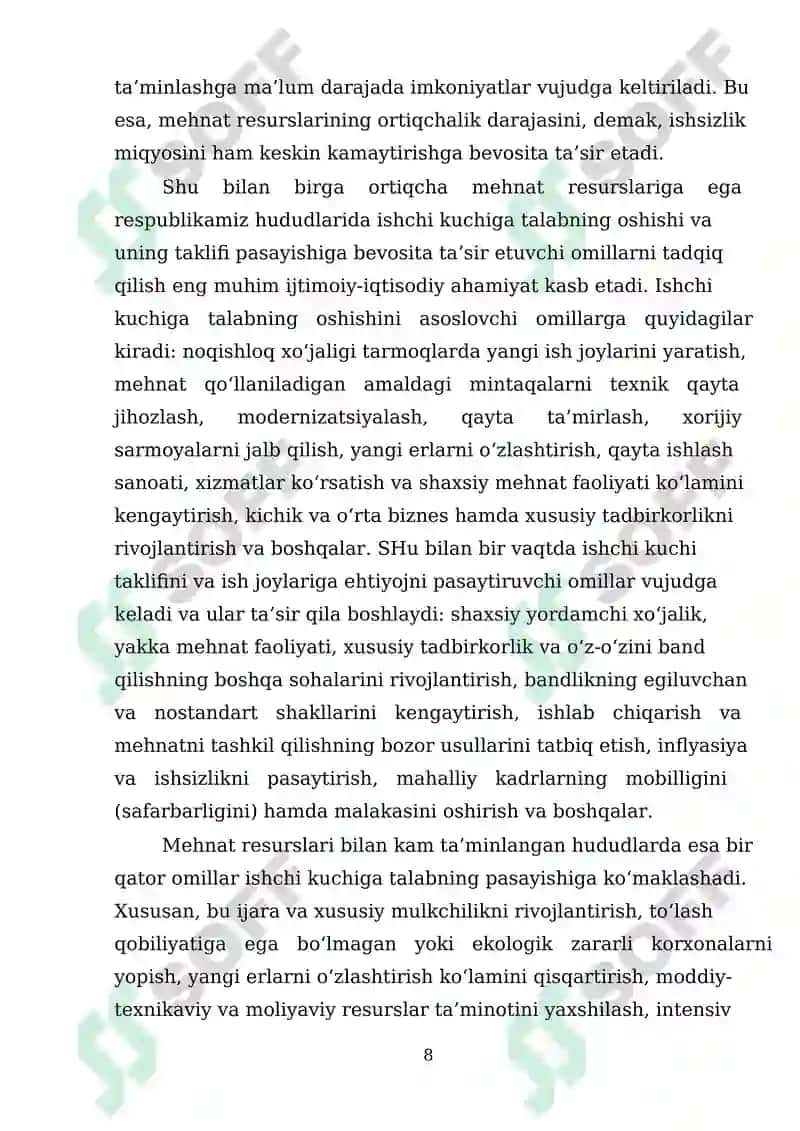 O'ZBEKISTON RESPUBLIKASIDA MEHNAT BOZORINING SHAKLLANISHI VA ISHSIZLIKNI O'ZIGA XOS XUSUSIYATLARI 8