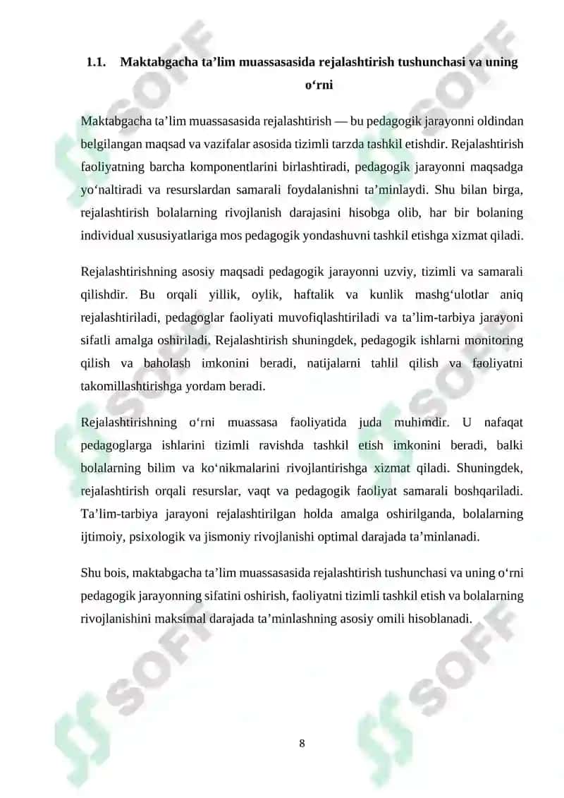 MAKTABGACHA TA'LIM MUASSASASI FAOLIYATINI REJALASHTIRISH VA UNI SAMʼRADORLIGINI BAHOLASH TIZIMINI LOYIHALASHTIRISH 8