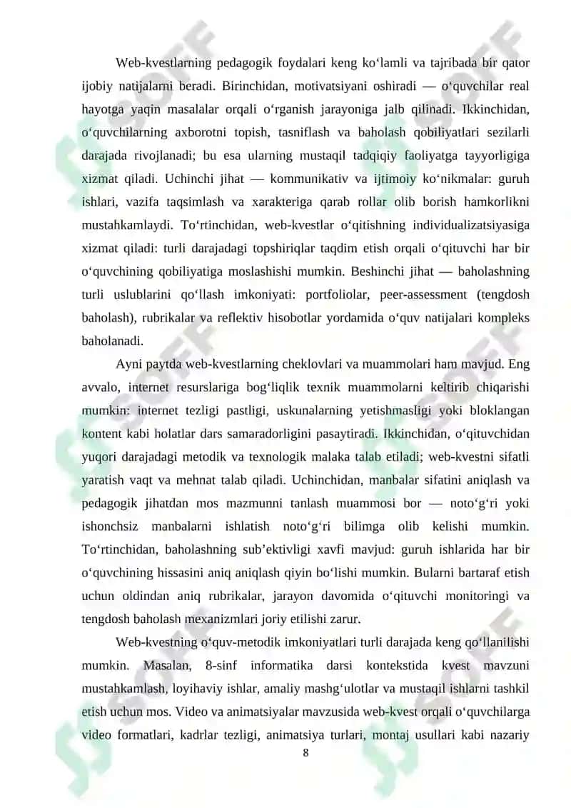 Umumiy o‘rta ta’lim maktablarining 8-sinfida Informatika va AT fanidan “Video va animatsiyalardan foydalanish. Asosiy tushunchalar” mavzusini o‘qitishda web-kvestlardan foydalanish 8