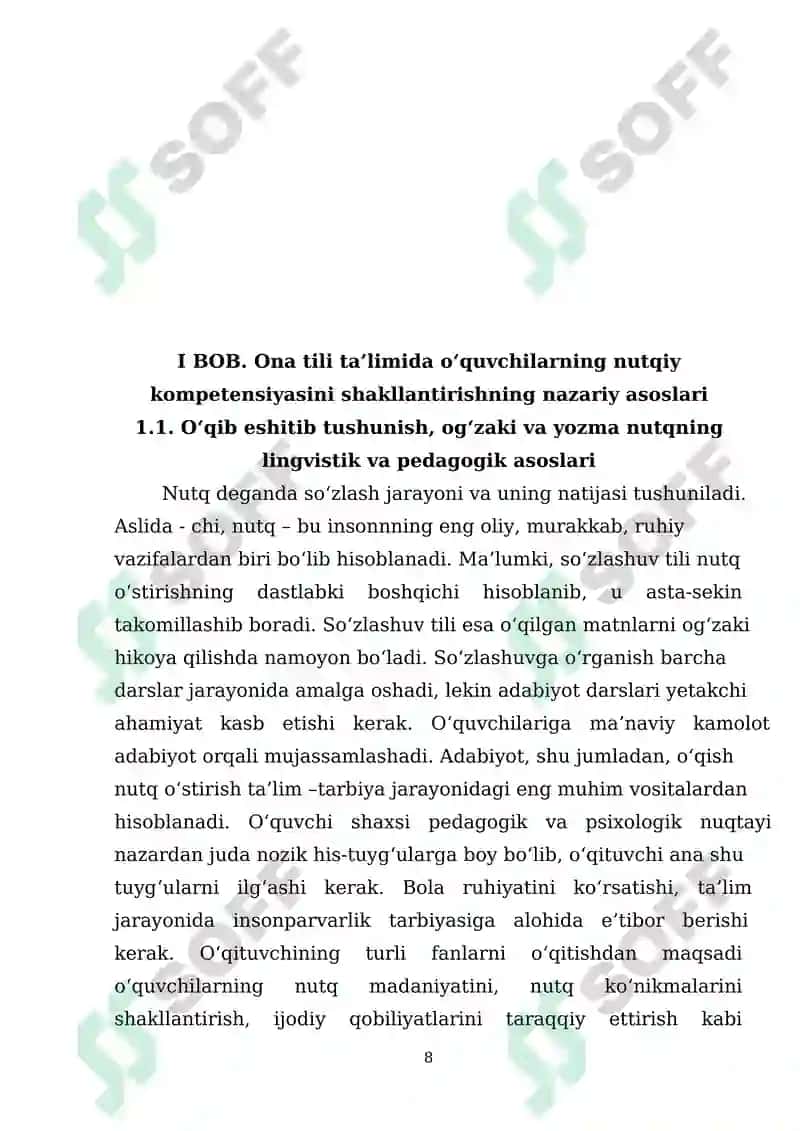 Ona tili o'qitish metodikasi fani dars mashg'ulotlarida o'quvchilarning o'qib eshitib tushunish og'zaki va yozma nutq malakasini shakillantirish 8