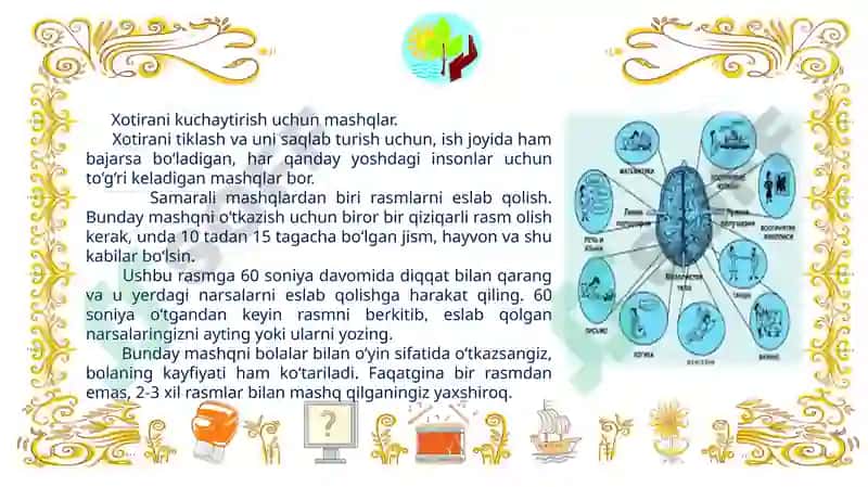 XOTIRANI KUCHAYTIRISH UCHUN MASHQLAR 8