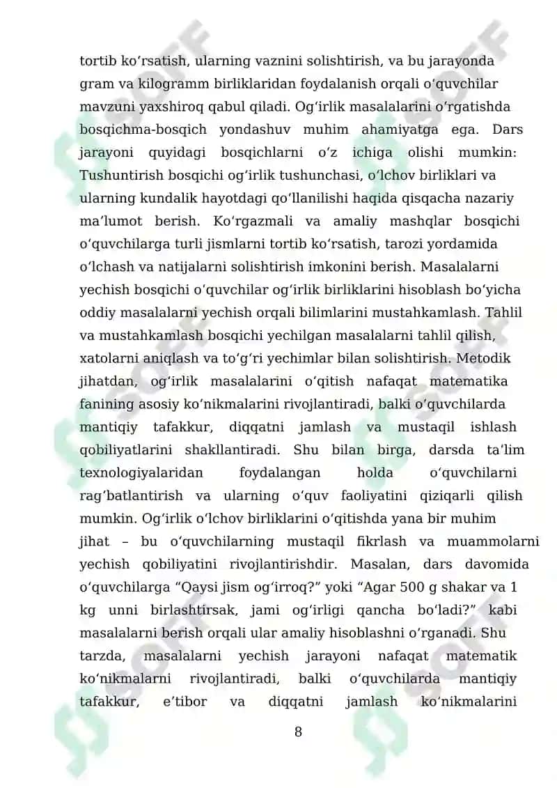2- sinfda og‘irlik o‘lchov birliklariga doir masalalar bilan tanishtirishda ta’lim texnologiyalari 8