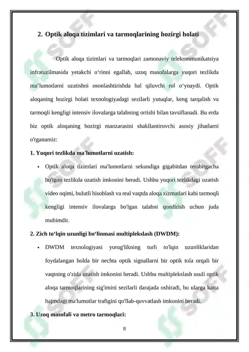 Optik aloqa tizimlari va tarmoqlarining xolati va rivojlanish istiqbollari 8