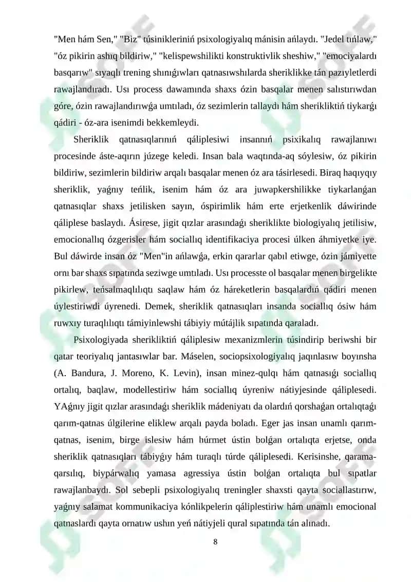 Jigit qızlar arasında sheriklik qatnasıqların qáliplestiriwde psixologiyalıq treningniń ornı 8