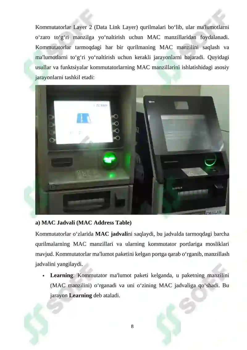 Kanal pog‘onasining protokollari (Frame Relay, ATM, Ethernet). Kommutatorning funksional modeli, turlari va MAC-jadvalning ishlash tamoyillari 8