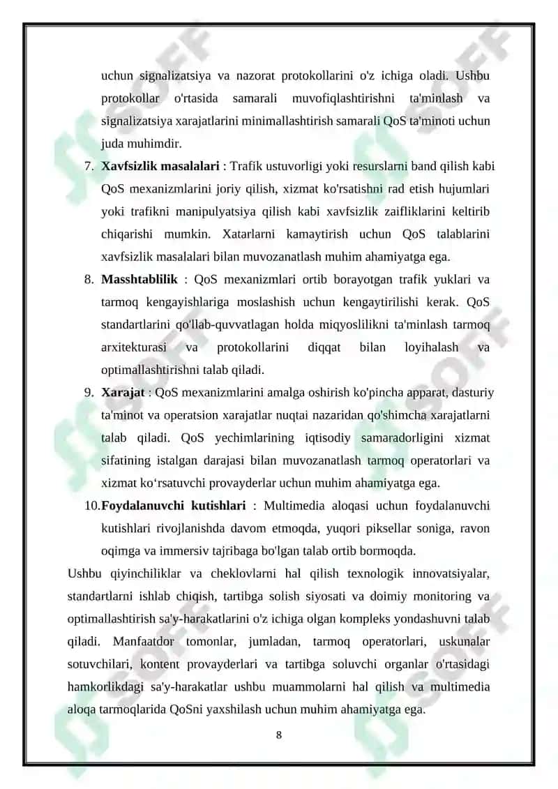 KAFOLATLANGAN XIZMAT MODELI. MULTIMEDIA ALOQA TARMOQLARIDA XIZMAT KO‘RSATISH SIFATI 8