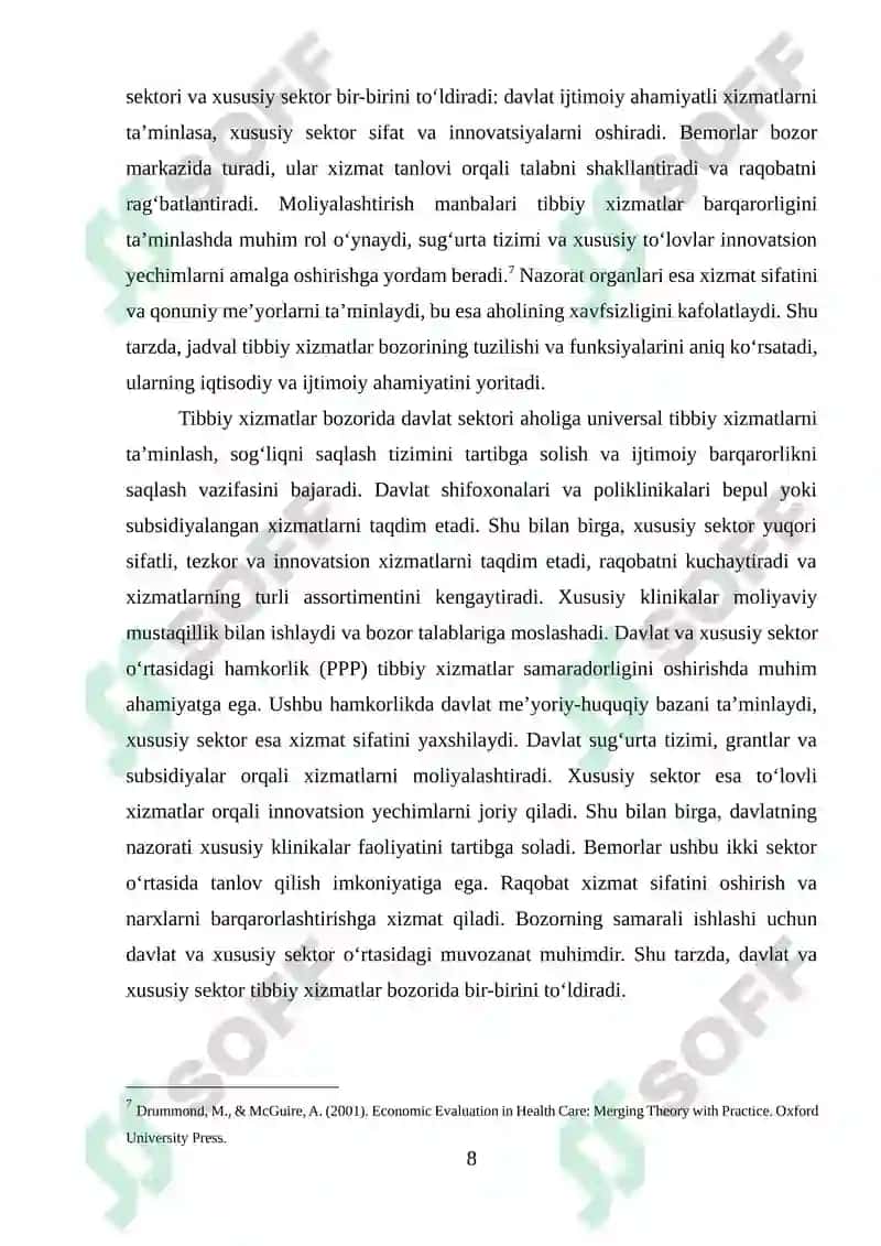 TIBBIY XIZMATLAR BOZORINI TASHKIL ETILISHI VA RIVOJLANISHI  KURS ISHI 8