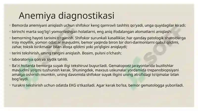 Anemiyalar.anemiyalar klassifikatsiyasi anemiyalar etiopatogenezi.anemiyani klinik labarator diagnostikasi 8