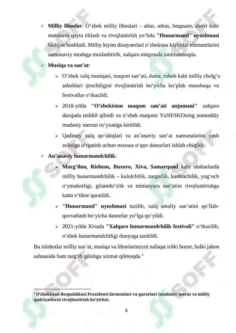 Mustaqillik yillarida ajdodlar merosi va milliy qadriyatlarni tiklash borasidagi amalga oshirilgan islohotlar 8