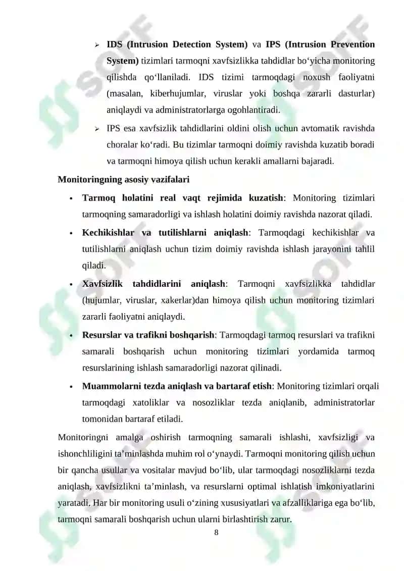Ma’lumotlar uzatish tarmoqlarining ishonchlilik ko`rsatkichlariga talablar va ularni oshirish usullari. Ma’lumotlar uzatish tarmoqlarida monitoring usullari va protokollari 8