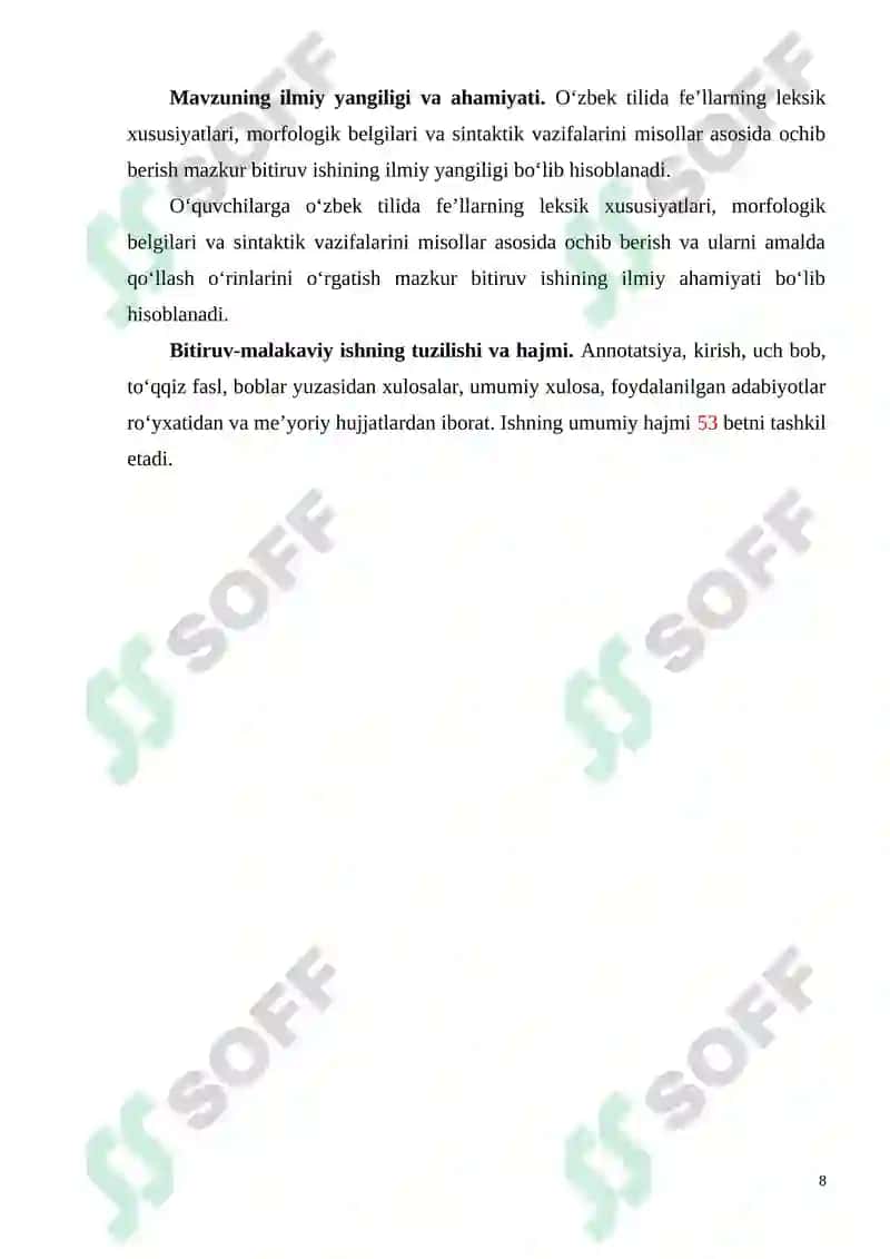 "Feʼlning leksik-grammatik xususiyatlari ( leksik, morfologik belgilari, sintaktik vazifalari)" mavzusidagi BITIRUV ISHI 8