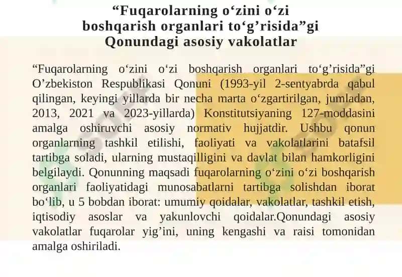 O’ZINI O‘ZI BOSHQARISH ORGANLARINING HUQUQLARINI HIMOYA QILISH 8