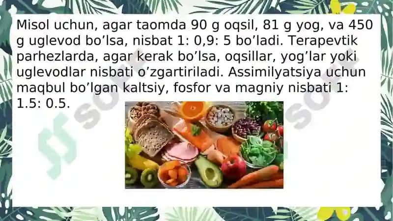 Oziqlanish -inson salomatlik holatiga, mehnat layoqatiga va tashqi muhit ta'sirlariga organizmning qarshilik ko’rsata olish xususiyatlariga sеzilarli ta'sir ko’rsatadigan muhim omillardan biri 8