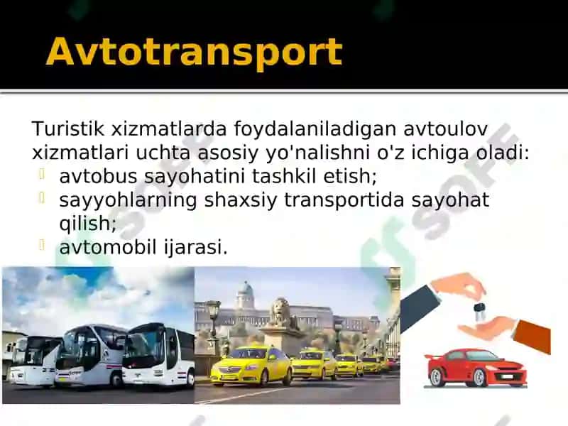 Turizm sohasida transportda tashish turlari va ularning tasniflanishi 8