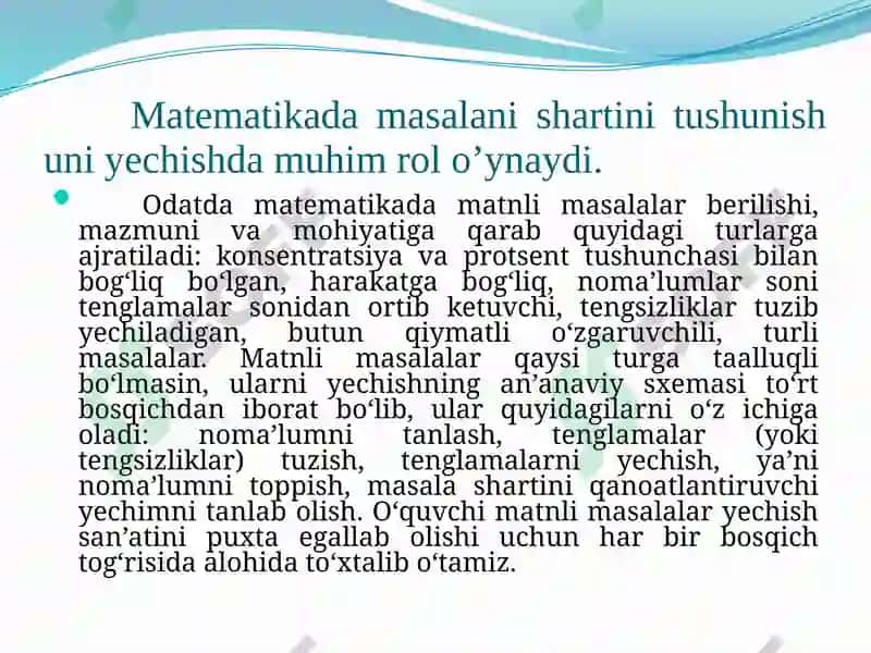 O’quvchilarni matematik tafakkurini rivojlantirish jarayonida masalalarning ahamiyati. Masala yechishda umumiy va xususiy usular 8