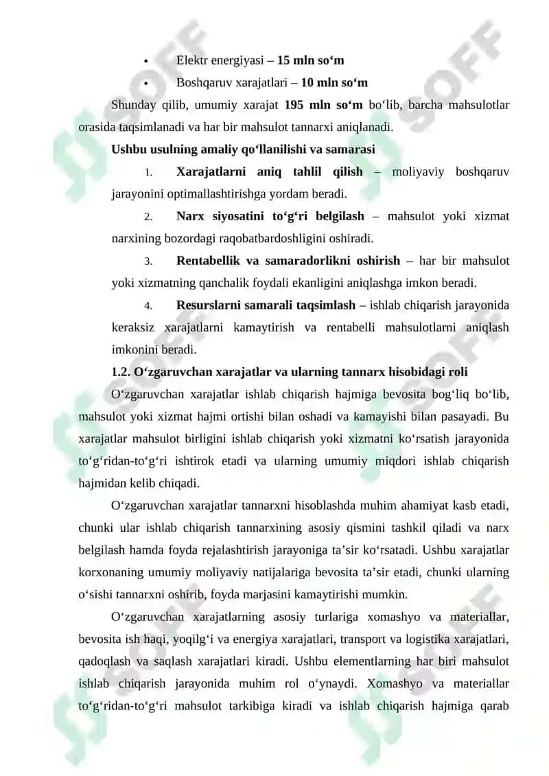 XARAJATLARNI TO‘LA TAQSIMLAB VA O‘ZGARUVCHAN XARAJATLAR BO‘YICHA TANNARXNI KAL'KULYASIYA QILISH USULI. 8