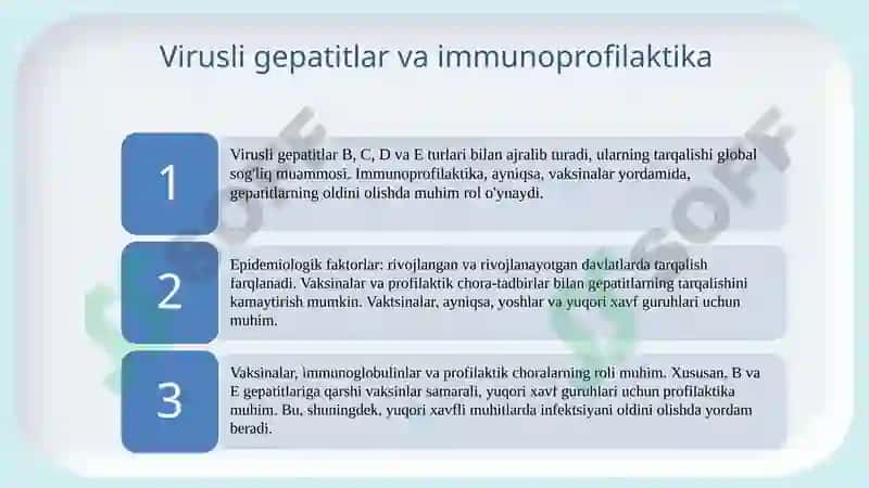 Virusli gepatitlar  va orttirilga immun tanqisligi sindromi (OITS) kasalliklari epidemiologiyasi va profilakrikasi. Virusli gepatitlarning immunoprofilaktikasi 8