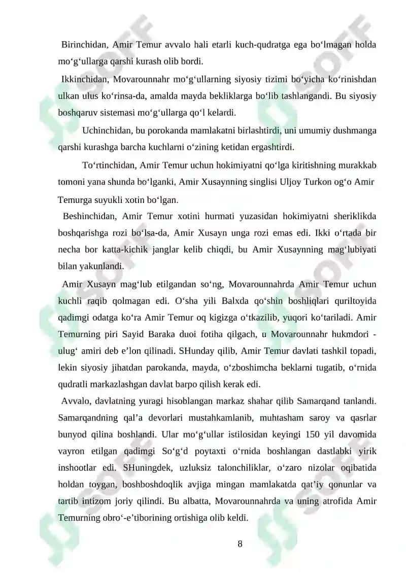 AMIR TEMURNING SIYOSIY HOKIMYATNI QO’LGA OLISHI VA MARKAZLASHGAN DAVLATNING TASHKIL TOPISHI 8