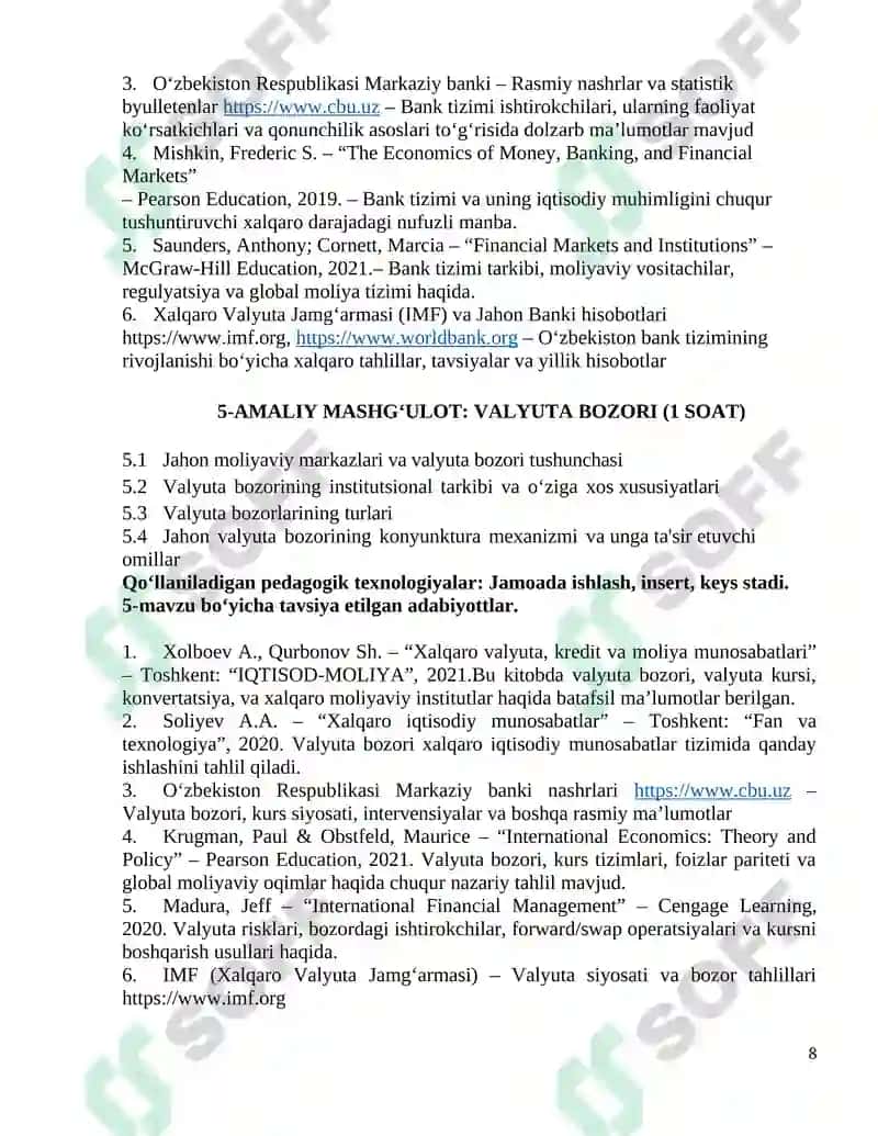 BANK VA MOLIYA BOZORLARI Amaliy Mashg'ulotlari 8