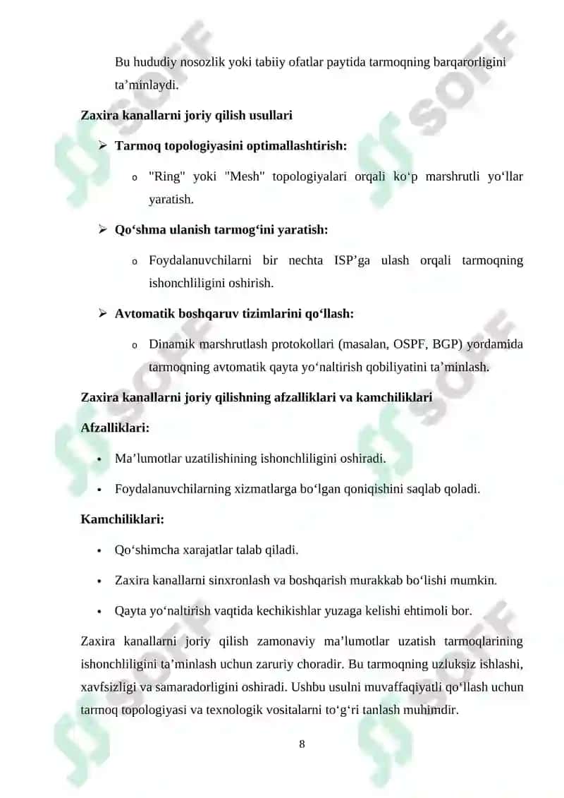 "Ma'lumotlar uzatish tarmoqlarining ishonchlilik ko`rsatkichlariga talablar va ularni oshirish usullari. Ma’lumotlar uzatish tarmoqlarida monitoring usullari va protokollari" 8