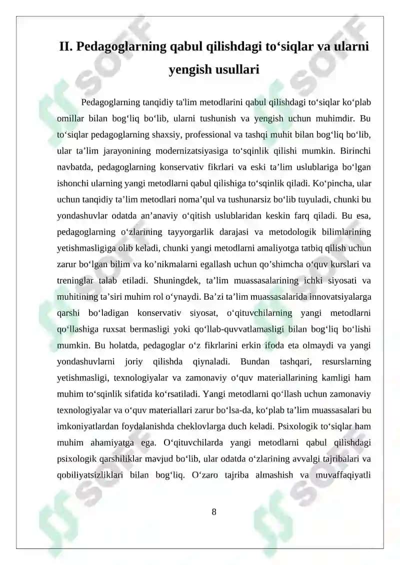 PEDAGOGLARNING TANQIDIY TALIM METODLARINI QABUL QILISH DARAJASI VA ULARGA BOʻLGAN TOʻSIQLAR 8